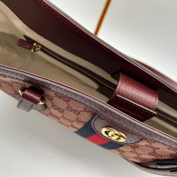 New Authentic Gucci Supreme Ophidia Tote Medium Burgundy GG Web Canvas/Leather - Picture 5 of 5